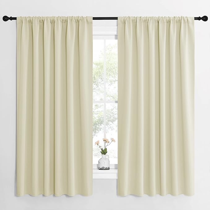 NICETOWN Blackout Curtains for Bedroom, Home Decorations Thermal Insulated Solid Rod Pocket Blackout Drapes for Cafe (Beige, One Pair, 62 x 63-inch)