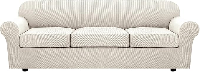 H.VERSAILTEX 4 Piece Stretch Sofa Covers for 3 Cushion Couch Covers for Living Room Furniture Slipcovers (Base Cover Plus 3 Seat Cushion Covers) Upgraded Thicker Jacquard Fabric (XL Sofa, Ivory)