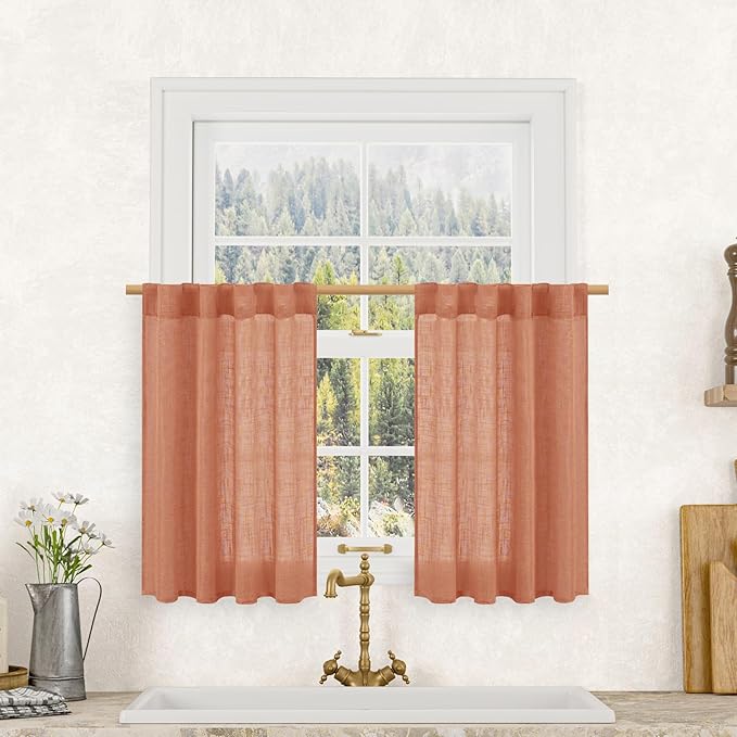 LAMIT 30 Inch Linen Kitchen Curtains, Semi Sheer Light Filtering Window Panels Back Tab and Rod Pocket Drapes for Basement/Small Windows, Terracotta, 25 x 30 Inch, 2 Panels