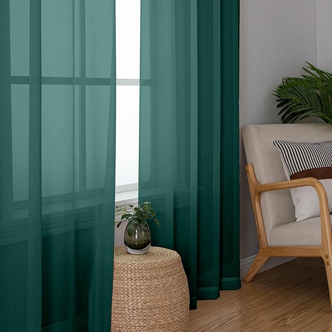 Simplebrand Hunter Green Sheer Curtains 96 Inches Long 2 Panels, Light Filtering Rod Pocket Solid Color Window Sheer Curtain Panels, Elegant Curtains & Drapes for Living Room, Bedroom, 42" W x 96" L