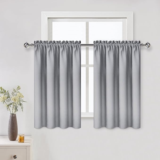 DWCN Silver Grey Short Blackout Curtains for Bedroom, Thermal Insulated Energy Saving Room Darkening Curtains for Living Room (W42 x L36 inch, Set of 2 Panels, Top of Rod Pocket)