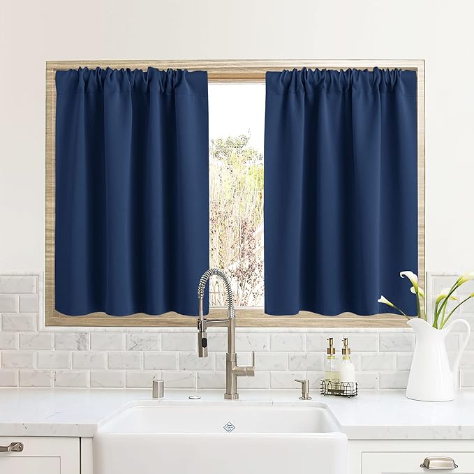RYB HOME RV Curtains for Camper Windows, Mini Small Thermal Insulated Sunlight Heat Blocking Blackout Privacy Portable Curtains for Travel Trailer, Width 34 by Length 24, Navy Blue, 2 Panels