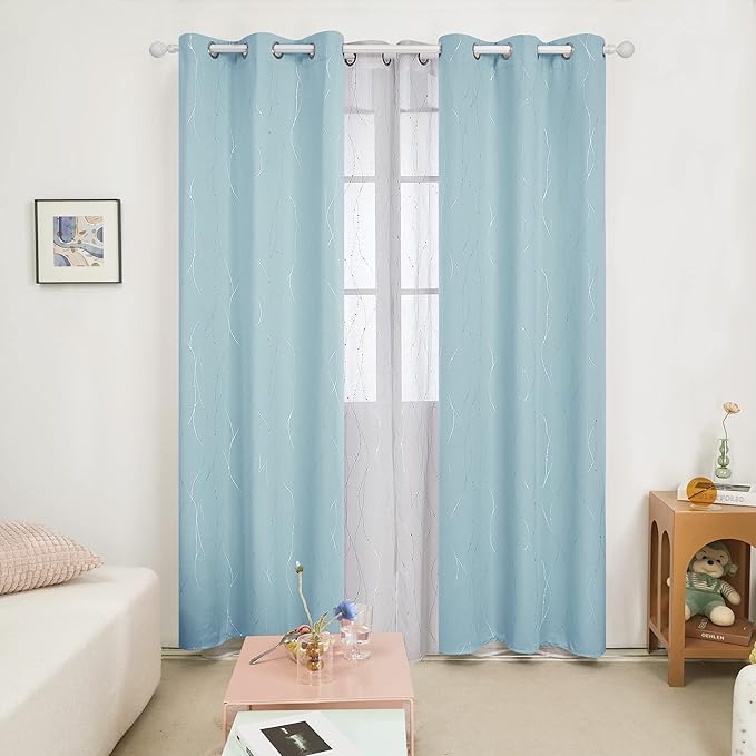 Deconovo Blackout Curtains, Thermal Insulated Soundproof Grommet Drapes, Wave Dot Foil Print, 42 x 108 Inch, Set of 2, Machine Washable Window Panel for Bedroom Living Room Nursery Kitchen, Light Blue