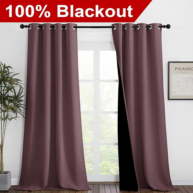 NICETOWN Thermal Insulated 100% Blackout Curtains, Noise Reducing Performance Drapes with Black Lining, Full Light Blocking Drapery Panels for Patio (Dry Rose, 1 Pair, 46 inches x 90 inches)