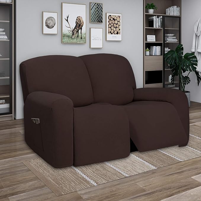 PureFit Super Stretch Loveseat Recliner Sofa Couch Cover with Pocket 2 Seats Non Slip Soft Sofa Slipcover, Washable Reclining Furniture Protector for Pets (Medium, Chocolate)