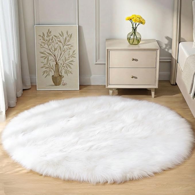 Goolela White Round Rug 4ft Circle Fluffy Fuzzy Sheepskin Rug for Bedroom Bedside Living Room Dorm Furry Shag Faux Fur Carpet
