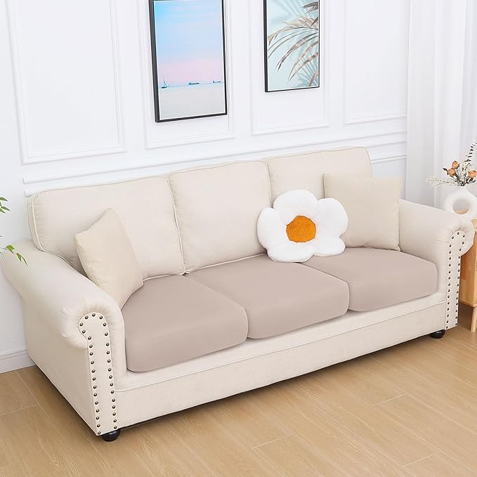 hyha Milk Silk Couch Cushion Covers, Soft Magic Sofa Covers Washable for 3 Cushion Couch, Stretch Sectional Outdoor Cushion Covers for Patio Furniture with Elastic Bottom(3 Packs, Taupe)