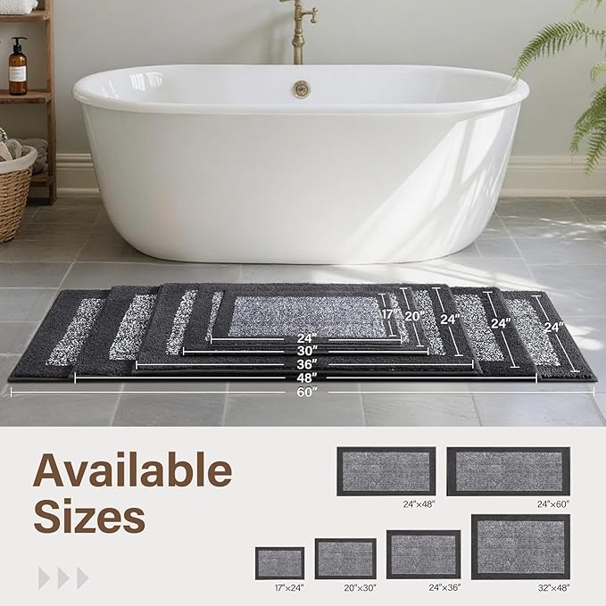 48x24 Long Bathroom Rugs Washable Non Slip, Dark Grey Bath Mat for Bathroom Floor Tub, Soft Absorbent Quick Dry Mats for Shower, Bathtub,Home Decor