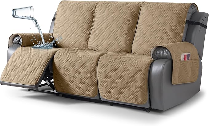 TAOCOCO 100% Waterproof Recliner Sofa Cover, Non Slip Split Couch Covers for Reclining Couches with Elastic Straps, Washable Reclining Sofa Cover Furniture Protector for Kids Pets(3 Seater, Camel)