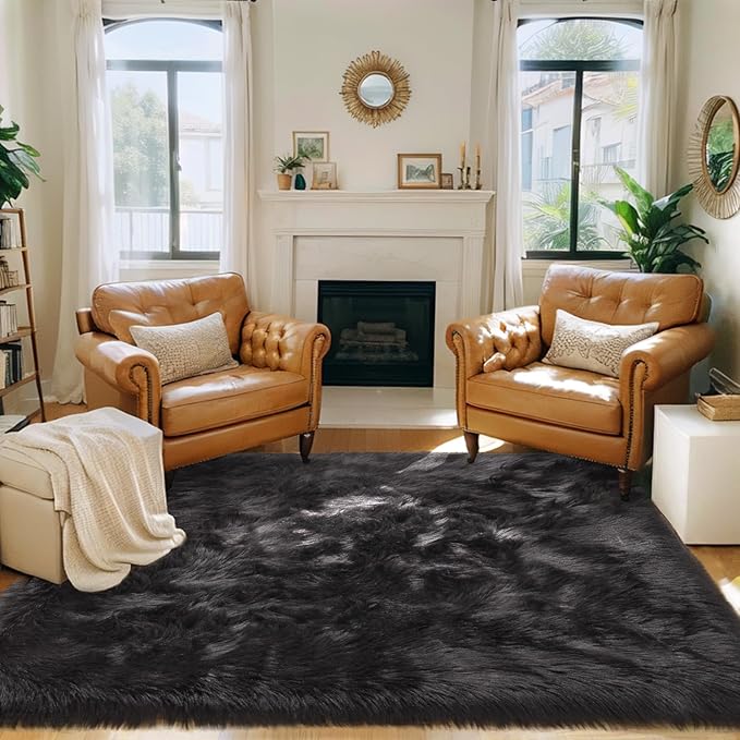 Ciicool Faux Fur Rug Black Fluffy Area Rugs for Bedroom, Thick Fuzzy Shag Rug Furry Bedside Nursery Rug for Living Room Plush Indoor Floor Carpet for Kids Room Teen Dorm, 3x5 ft