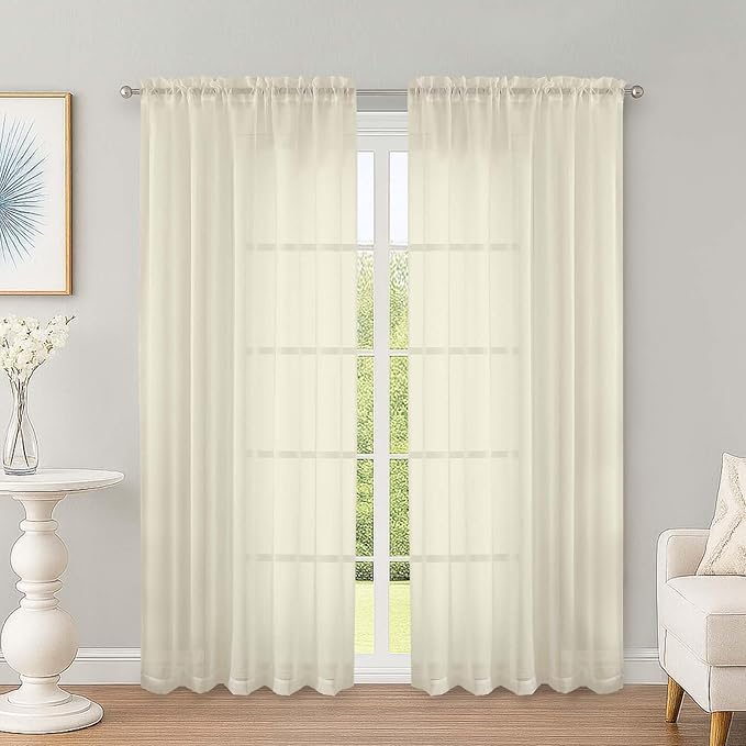 OWENIE Cream Sheer Curtains 72 Inches Long 2 Panels Set, Transparent Voile Sheer Curtain for Living Room Bedroom Window Sliding Glass Door Treatment, 59 x 72 Inch, Cream