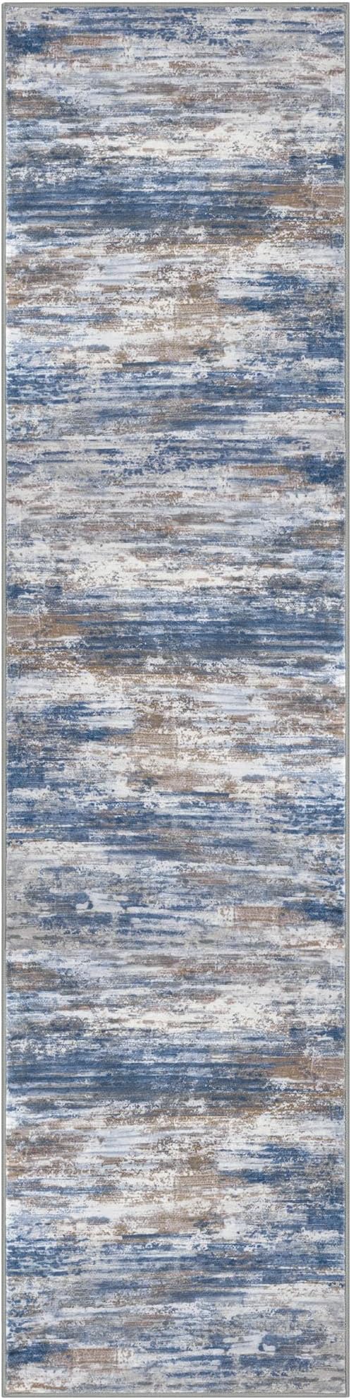 KOZYFLY Modern Abstract Washable Rug Runner 2.6x10 Hallway Rug Runner Non-Slip Soft Kitchen Runner Rugs, Blue Rust Striped Carpet for Entryway Bathroom Laundry Room Foyer