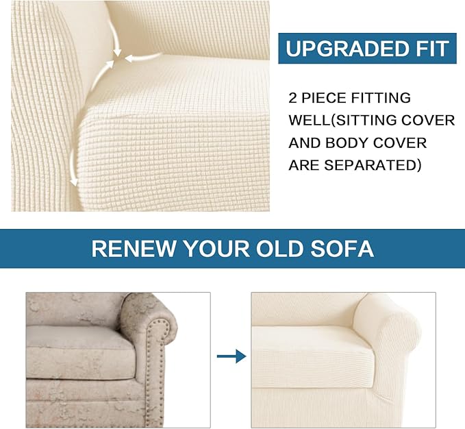 H.VERSAILTEX 2 Piece Couch Cover Stretch Stylish Chair Cover Furniture Protector Featuring Jacquard Textured Twill Fabric High Spandex Slipcover (Chair, Cream)