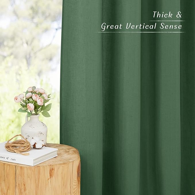 NICETOWN Olive Green Curtains 84 inch Length 2 Panels, Grommet Linen Blend Privacy Added Thick Flax Boho-Chic Light Filtering Semi Sheer Window Drapes for Home Office/Living Room, W55 x L84