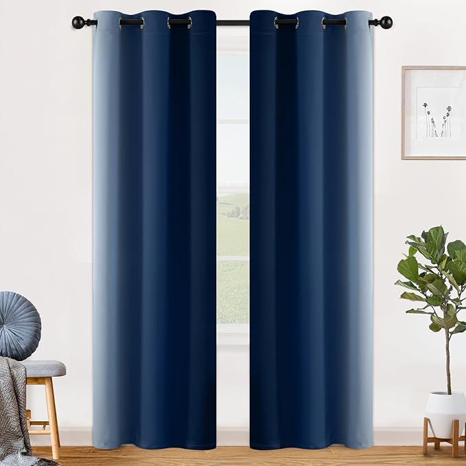 SimpleHome Ombre Room Darkening Curtains for Bedroom, Gradient Blue to Grey White Light Blocking Thermal Insulated Grommet Window Curtain/Drapes for Living Room,2 Panels, 42x84 inches Length