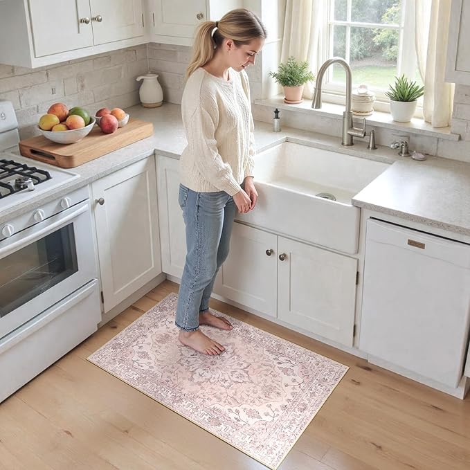 RELEANY Area Rugs 2'x3' Kitchen Rugs Entry Rug Small Rugs for Entryway Kitchen Bathroom Door Mat Indoor Entrance,Washable Non Slip, Pink Greypink Cute