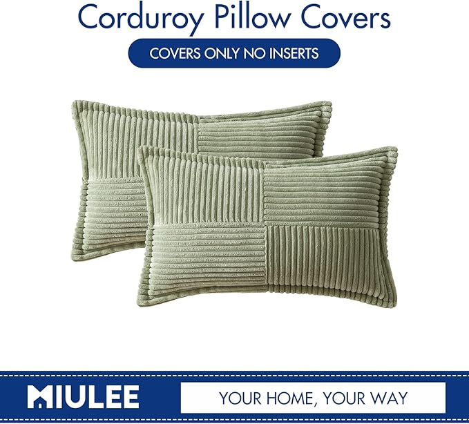 MIULEE Spring Decorative Lumbar Throw Pillow Covers for Couch Bed Livingroom 12x20 Inch Set of 2 Sage Green Boho Accent Throw Pllows Broadside Striped Patchwork Soft Corduroy Pillowcases