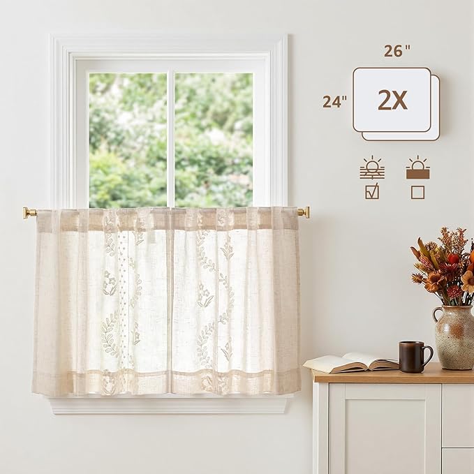 jinchan Belrose Linen Floral Kitchen Curtains 24 inch Length Embroidered Farmhouse Cafe Curtains for Living Room Bathroom Small Windows Curtain Set Sheer Light Filtering 2 Panels Ivory