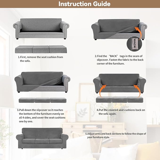 WEERRW 4 Pieces Velvet High Stretch Couch Covers for 3 Cushion Couch Sofa Slipcovers, Washable Furniture Protector with Non Slip Elastic Bottom, Feature Soft and Thick Plush Fabric, Light Grey, Large