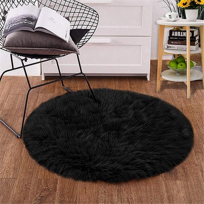 Goolela Black Round Rug 3ft Fluffy Fuzzy Sheepskin Rug Black Circle Faux Fur Rug for Bedroom Living Room Washable Décor