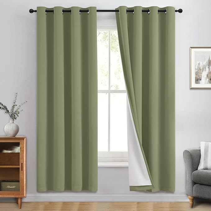 Yakamok 100% Blackout Curtain Panels 72 inches Cold and Light Blocking Drapes for Nursery, 2 Thick Layers Thermal Insulated Draperies (2 Pieces, 50 Wide Each Panel, Sage Front with White Backing)