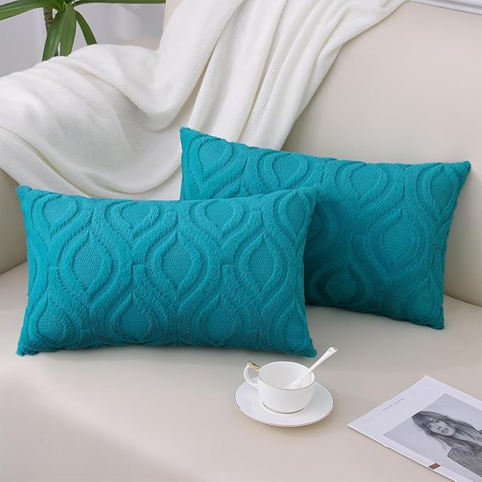 decorUhome Summer Throw Pillow Covers 12x20 Inch Set of 2, Soft Plush Faux Wool Teal Solid Couch Pillow Covers, Accent Farmhouse Neutral Rectangle Pillow Cases for Sofa Bed Living Room