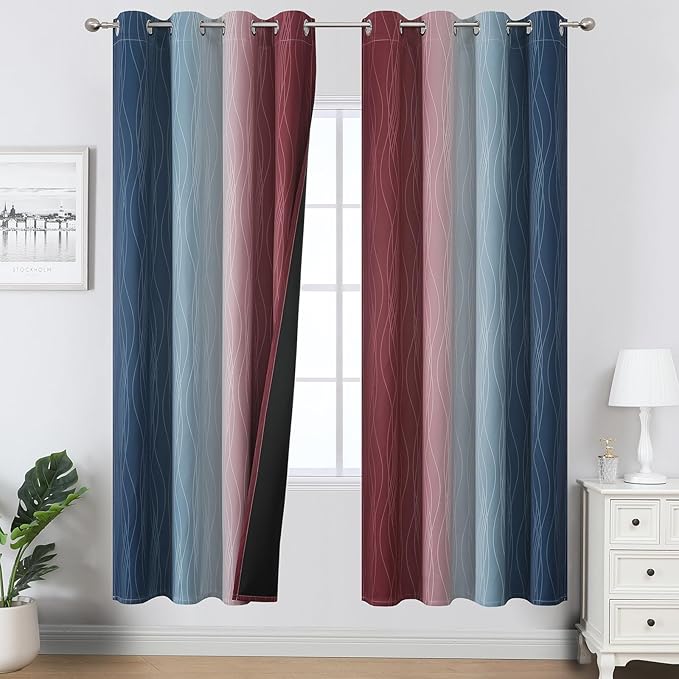 Estelar Textiler Navy Blue and Burgundy Red Ombre Blackout Curtains for Living Room,Energy Efficient Room Darkening Drapes, Grommet Thermal Insulated Window Treatments for Bedroom,52Wx72L,2 Panels