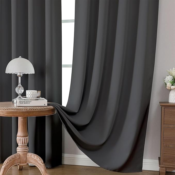 CUCRAF Dark Grey Blackout Curtains 90 inch Length 2 Panels Set, Rod Pocket Room Darkening Drapes for Bedroom Living Room, Insulated Thermal Light Blocking Window Curtain (W52 x L90 Inch)