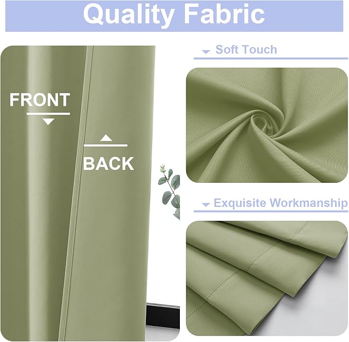 Simplebrand Ava Sage Green Blackout Curtains for Bedroom 63 Inch Length 2 Panels Set, Solid Thermal Insulated Privacy Living Room Window Treatment Curtains Blackout Drapes, W50 x L63 Inch