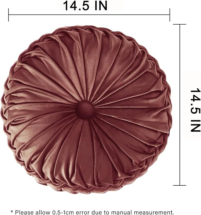 HIG Set of 2 Decorative Round Pleated Throw Pillows,Classy Accent Pumpkin Throw Pillows with Center Button,Vintage Velvet Floor Pillows for Sofa Vanity Chair Bed,Dusty Rose,14.5" Diameter(Ripple)