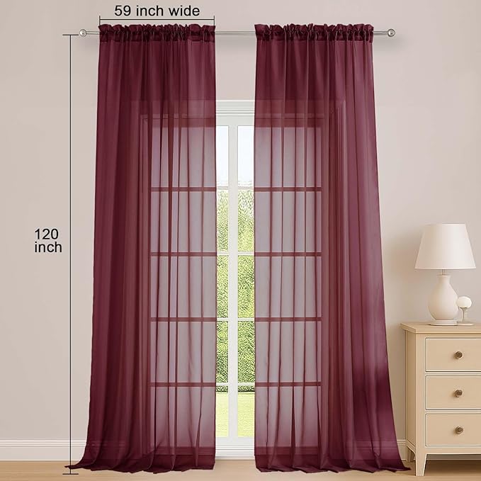 OWENIE Sheer Curtains 2 Panels Set for Bedroom Living Room, Soft Solid Rod Pocket Light Filtering Window Treatment, 2Pcs Each 59" W x 120" L, Burgundy Wine