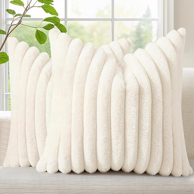 decorUhome Summer Cozy Faux Fur Throw Pillow Covers 12x12 Set of 2 Decorative Soft Plush Striped Modern Farmhouse Boho Couch Pillow Cases with Velvet Back for Sofa Bed Living Room, Cream White