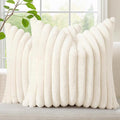 decorUhome Summer Cozy Faux Fur Throw Pillow Covers 12x12 Set of 2 Decorative Soft Plush Striped Modern Farmhouse Boho Couch Pillow Cases with Velvet Back for Sofa Bed Living Room, Cream White