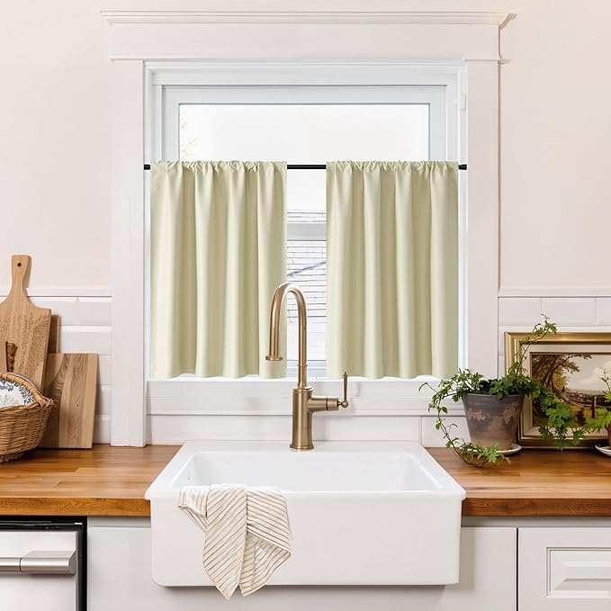 RYB HOME 100% Blackout Bathroom Curtains Over Sink 30 inches Long, Heat & UV Blocking Total Room Darkening Noise Reducing Curtains for Basement RV Campers, Beige, 2 Panels Set