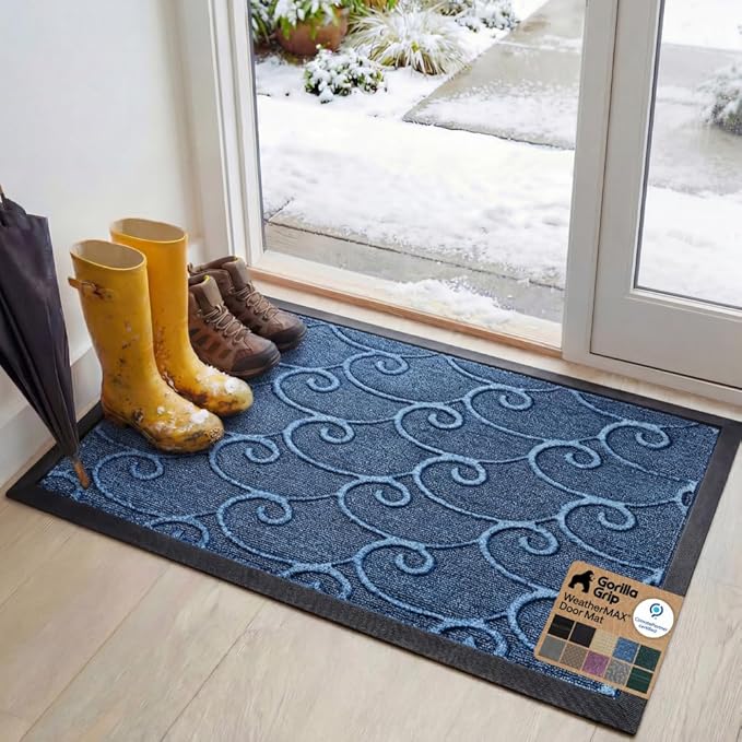 GORILLA GRIP 100% Waterproof All-Season WeatherMAX Doormat, 47x35, US Designed Natural Rubber, Stain and Fade Resistant, Low Profile Indoor Outdoor Door Mats, Easy Clean Patio Mat, Ocean Blue Waves