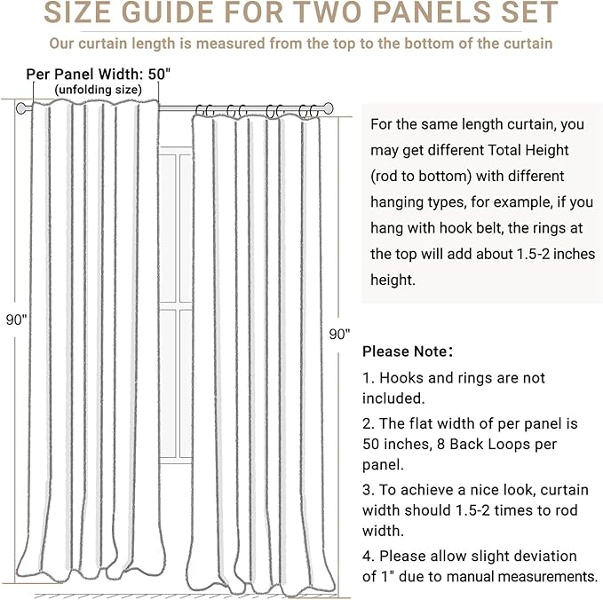 100% Blackout Shield Linen Blackout Curtains for Bedroom 90 Inches Long, Back Tab/Rod Pocket Living Room Drapes, Thermal Insulated Blackout Curtains 2 Panels Set, 50" W x 90" L,Cream