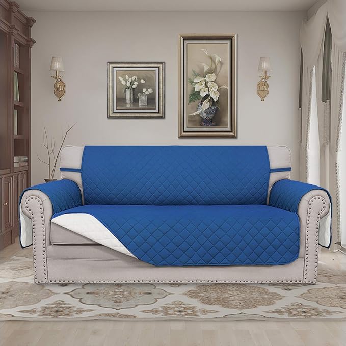 Easy-Going Sofa Slipcover Reversible Loveseat Sofa Cover Couch Cover for 2 Cushion Couch Furniture Protector with Elastic Straps for Pets Kids Dog Cat (Oversized Loveseat, Dark Blue/Ivory)