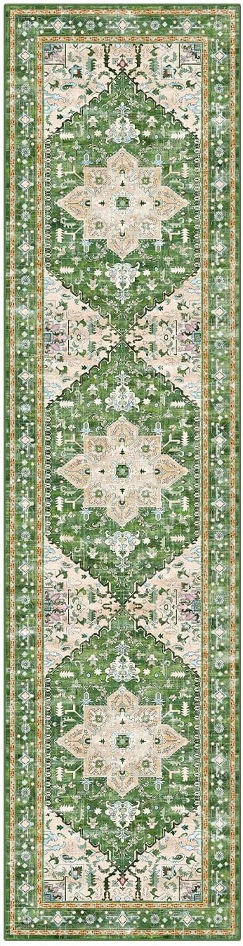 Yamaziot Washable Runner Rug, 2x8 Non-Slip Boho Vintage Hallway Rug Runner with Rubber Backing, Stain Resistant & Low Pile Faux Wool Distressed Carpet Runner for Bedroom, Kitchen, Laundry, Entrance