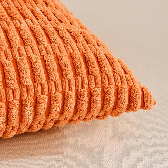 Fancy Homi 4 Packs Orange Fall Decorative Throw Pillow Covers 20x20 Inch for Couch Bed Sofa, Halloween Pumpkin Autumn Home Decor, Soft Cute Plush Corduroy Striped Cushion Case 50x50 CM