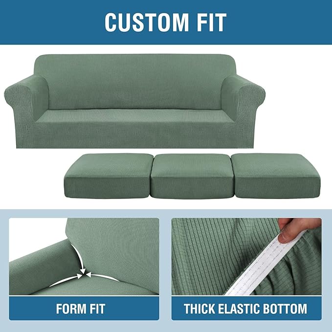H.VERSAILTEX 4 Piece Stretch Sofa Covers for 3 Cushion Couch Covers for Living Room Furniture Slipcovers (Base Cover Plus 3 Seat Cushion Covers) Thicker Jacquard Fabric (Large Sofa, Loden Frost)