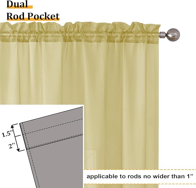 Aiyufeng Yellow Sheer Curtains 54 Inch Length 2 Panels Set, Light Filtering Airy Rod Pocket Yellow Window Curtain Treatment Drapes for Kitchen Bedroom Living, Each 42Wx54L Inches