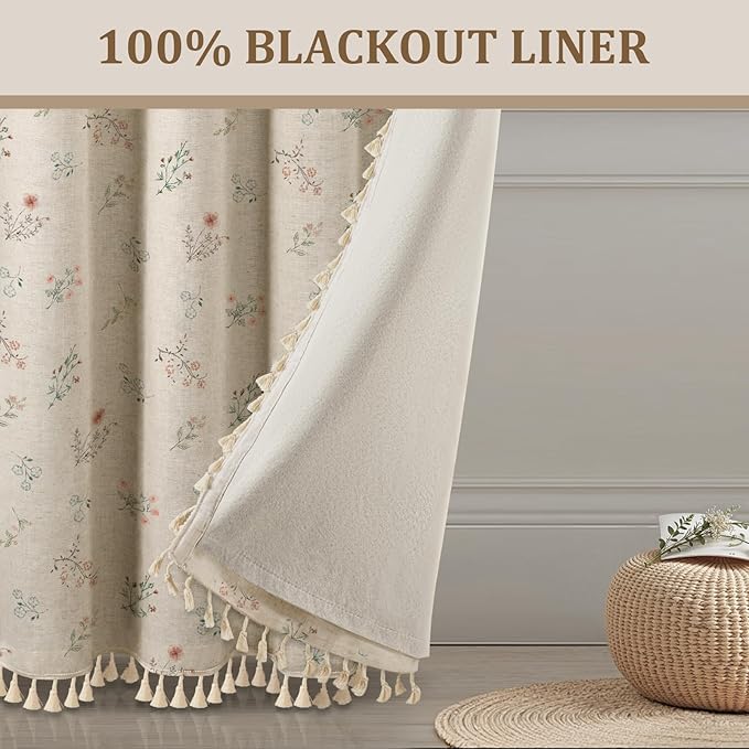 Boho Floral 100% Blackout Curtains 63 Inch Length 2 Panels Set, Linen Texture Farmhouse Curtains Beige Tassel for Living Room Bedroom Vintage Rustic Patterned Printed Western Rod Pocket