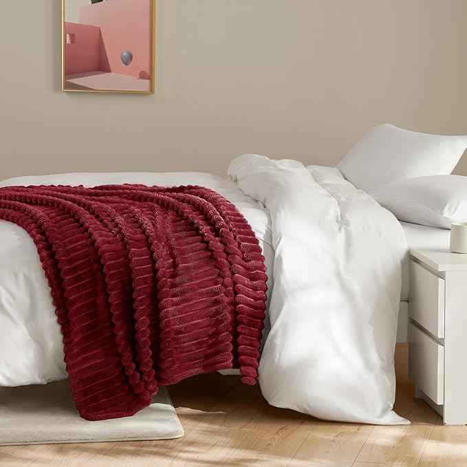 HIMEET Deep Red Ribbed Twin Blanket for Bed - 300GSM Lightweight Soft Fleece Blanket for Men Women, Blankets Graduation Birthday Gifts, Striped Spring Home School Dorm Decor, Deep Red, 60x80 Inches