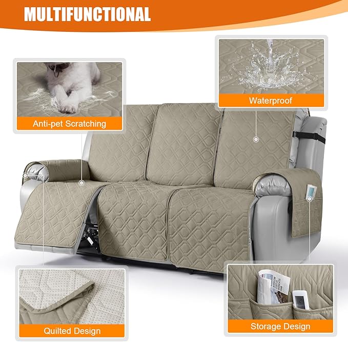 VANSOFY Waterproof Recliner Couch Covers, Sofa Covers 1-Piece Washable Reclining Sofa Cover Non-Slip Furniture Protector with Elastic Straps Pocket for Dogs, Pets(Khaki,3 Seater)
