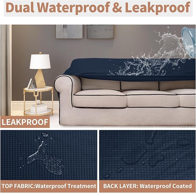 Easy-Going 100% Waterproof Couch Cover, Dual Waterproof Sofa Cover, Stretch Jacquard Sofa Slipcover, Leakproof Furniture Protector for Kids, Pets, Dog and Cat (Sofa, Dark Blue)