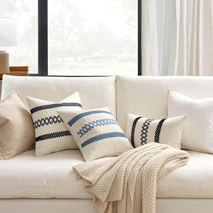 MIULEE Set of 2 Coastal Blue Boho Decorative Pillow Covers 20x20 Inch Farmhouse Rustic Couch Throw Pillows Modern Summer Cotton Cushion Covers Retro Cute Macrame Woven Spring Decor for Bed Sofa Chair