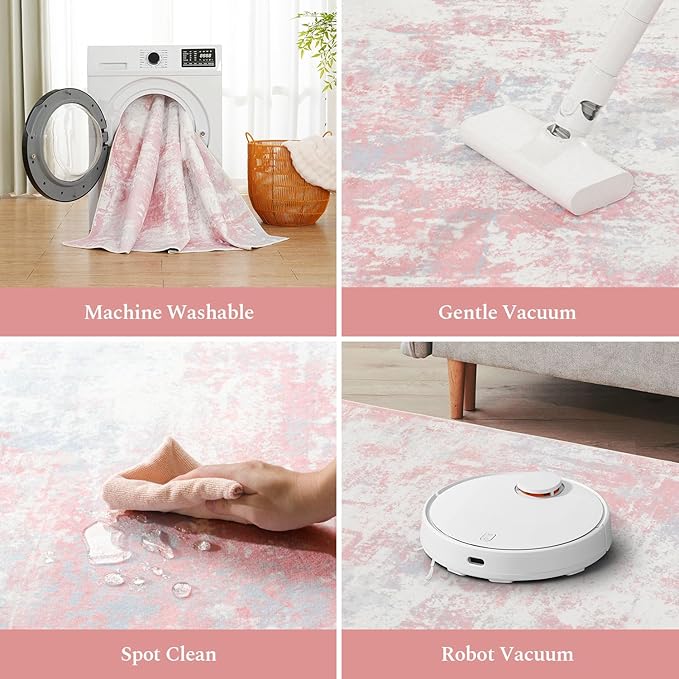 Rugflix 8x10 Area Rugs for Kids Girls Room, Washable Large Rug Stain-Resistant Low Pile, Modern Non Slip Carpet for Nursery Bedroom Living Room Home Office, Pink