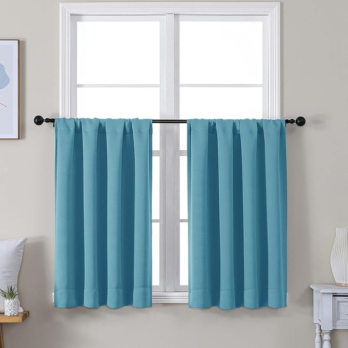 Simplebrand Ava Turquoise Short 36 Inches Blackout Curtain 2 Panels Set, Half Window Rod Pocket Privacy Curtain Tiers for Kitchen, Curtains Blackout for Bathroom Shades, W40 x L36 Inch, Turquoise