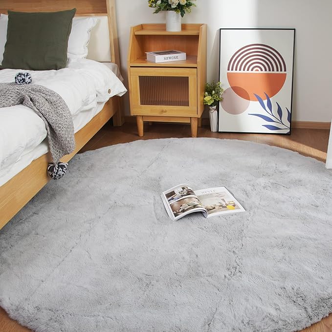 Ghouse Faux Rabbit Fur Round Rug 8ft Grey Round Rugs for Bedroom Decor Fluffy Area Rugs for Living Room, no-Shedding Carpet Sheepskin Washable Rug Rome Decor