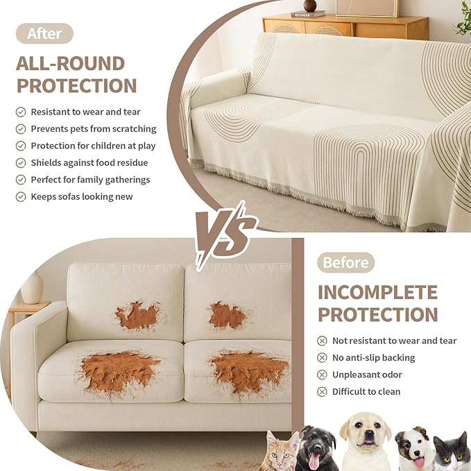Couch Cover for Dogs, Boho Sofa Covers for 3 Cushion Couch, Chenille Sofa Slipcover for Pets Washable, L-Shape Sectional Couch Loveseat Cover Soft Throw Blankets with Tassels(91x150,Arc Beige)